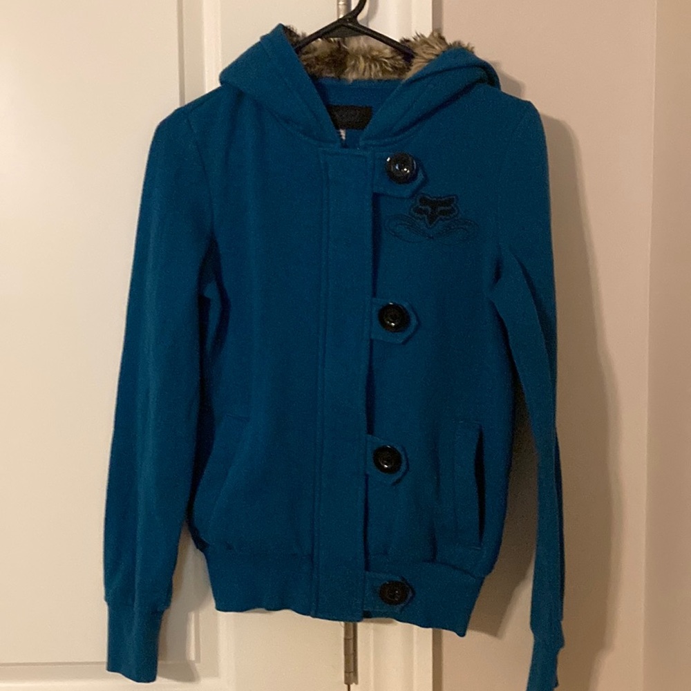 Fox kids teal zip and button hoodie jacket